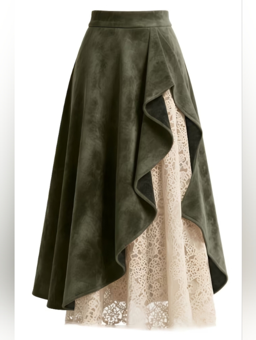 Olive Faux Suede Green High-Low Ruffle Skirt with Cream Lace Inset